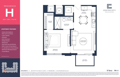 Floor plan for 1 bed, 1 bath, 719 sqft